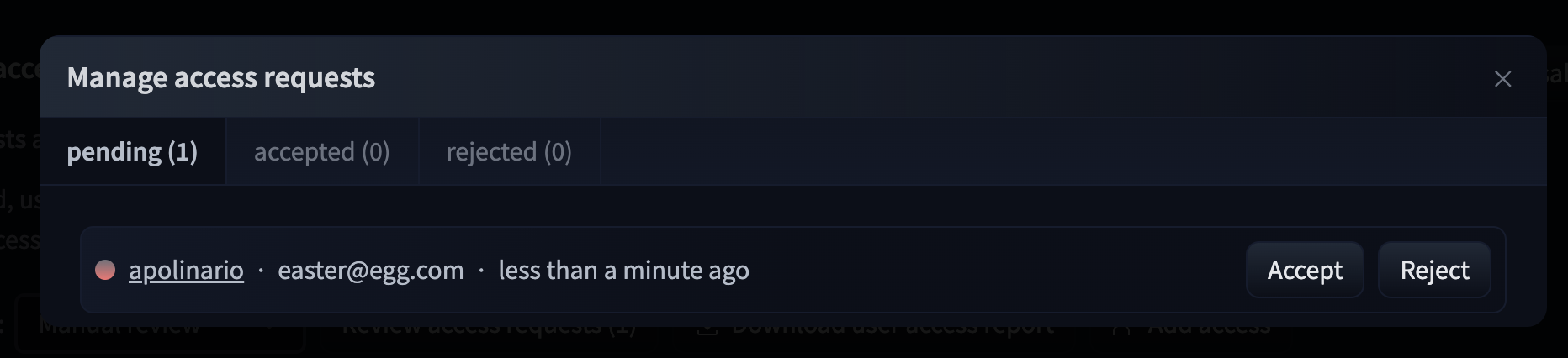 Manage access requests modal for a repo in a gating group collection